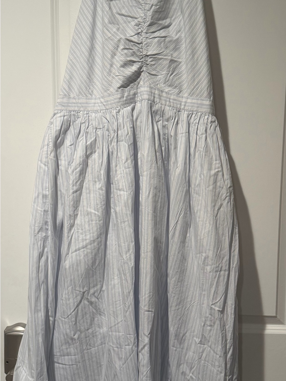 Striped Light Blue Midi Dress with Gathered Waist